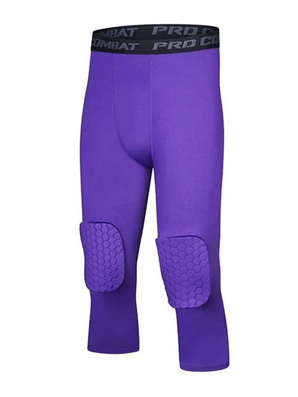 Purple men's sports leggings with knee pads for comfort and protection, featuring elastic and breathable Nylon-Polyester fabric.